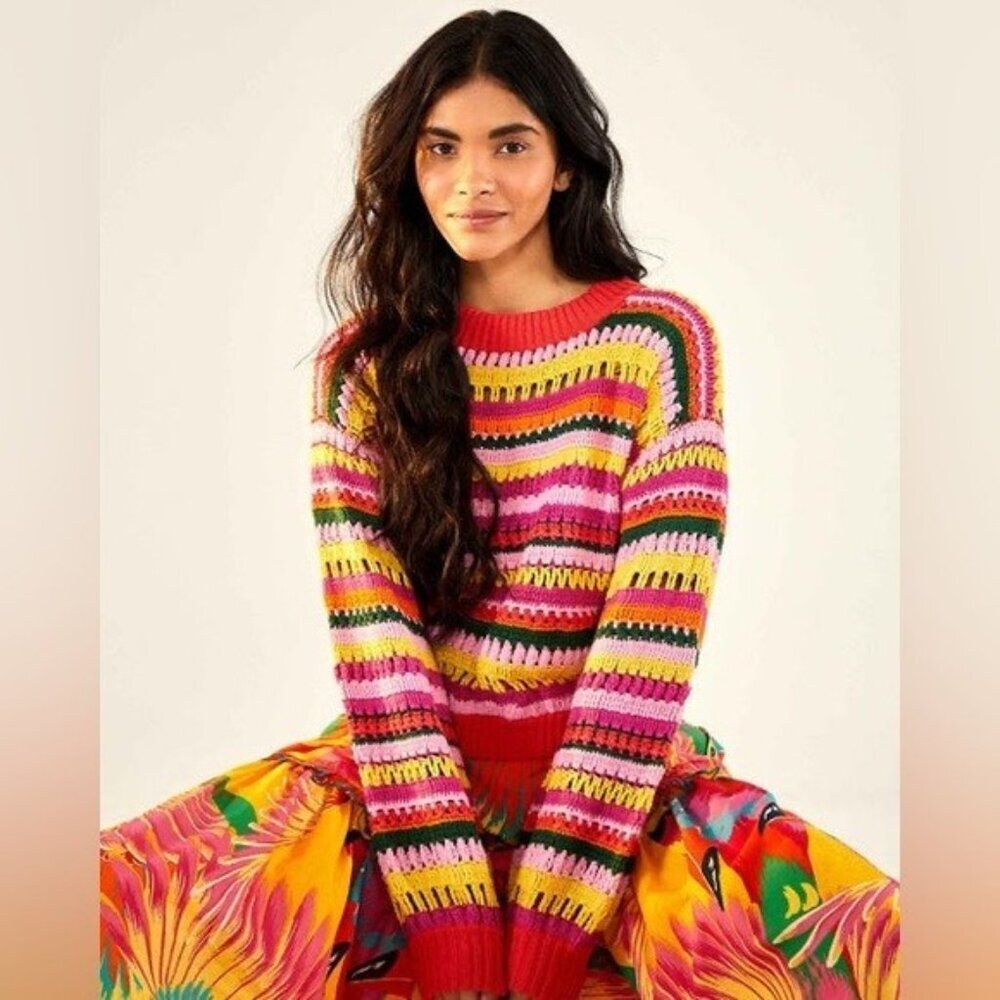 Farm Rio Fruit Dream Colorful Crochet Cotton Sweater Size S